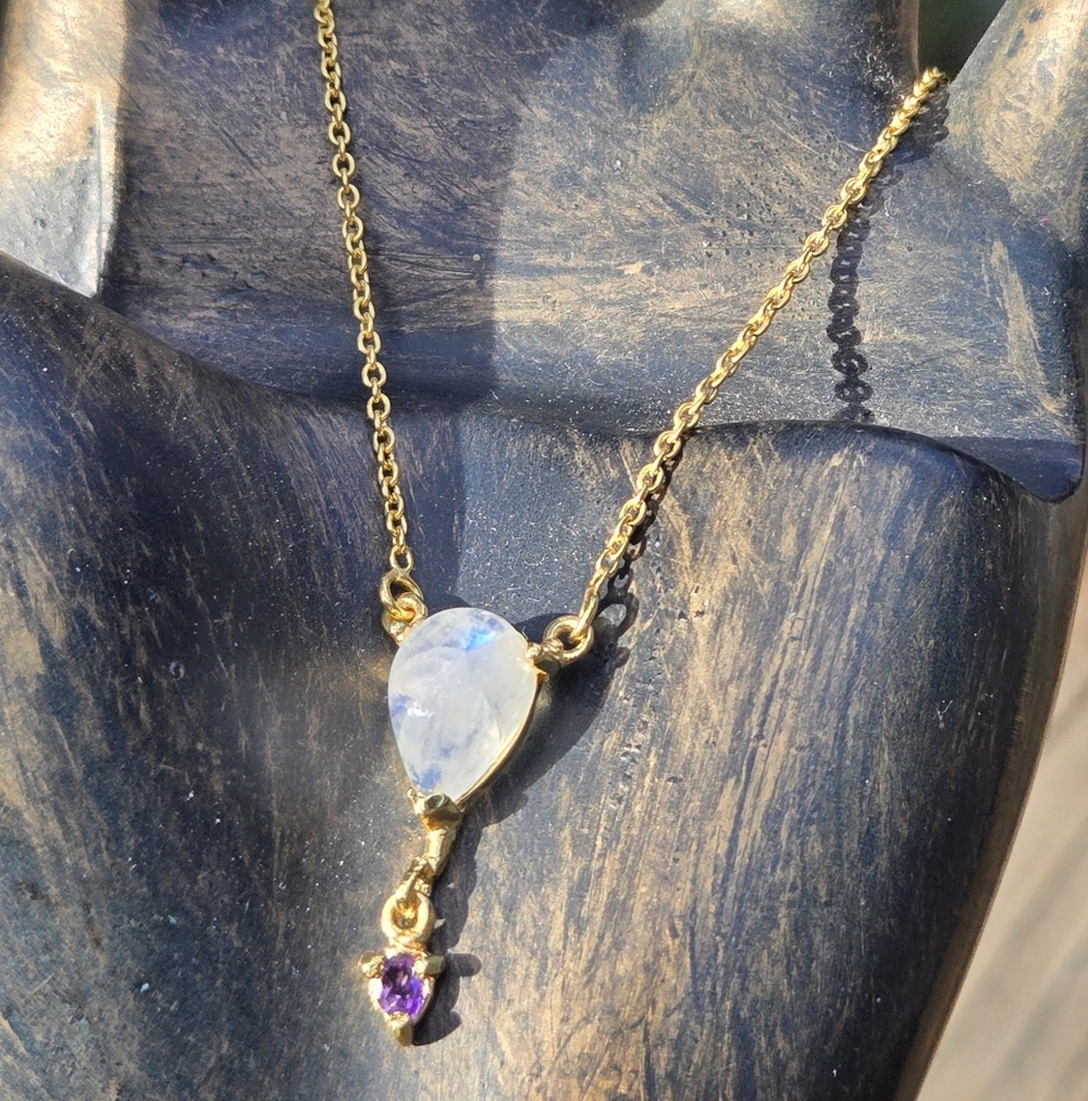 Moonstone & Amethyst Natural Gemstone Sterling & Gold 18" Necklace - Picture 5 of 13